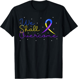 Overcome Bladder Cancer Purple Blue And Yellow Ribbon Gift T-Shirt - T-Shirt | Black