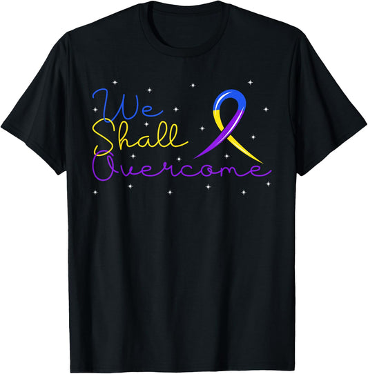 Overcome Bladder Cancer Purple Blue And Yellow Ribbon Gift T-Shirt - T-Shirt | Black