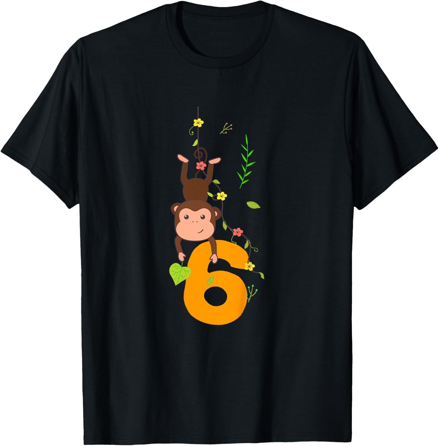 Kids Funny Cute Monkey Lover 6th Birthday Six 6 Yr 6 Year Old T-Shirt - T-Shirt | Black