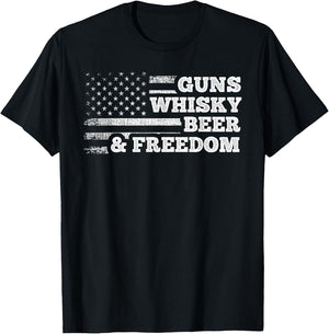 Guns Whisky Beer And Freedom American Flag Drinking Gift Men T-Shirt - T-Shirt | Black