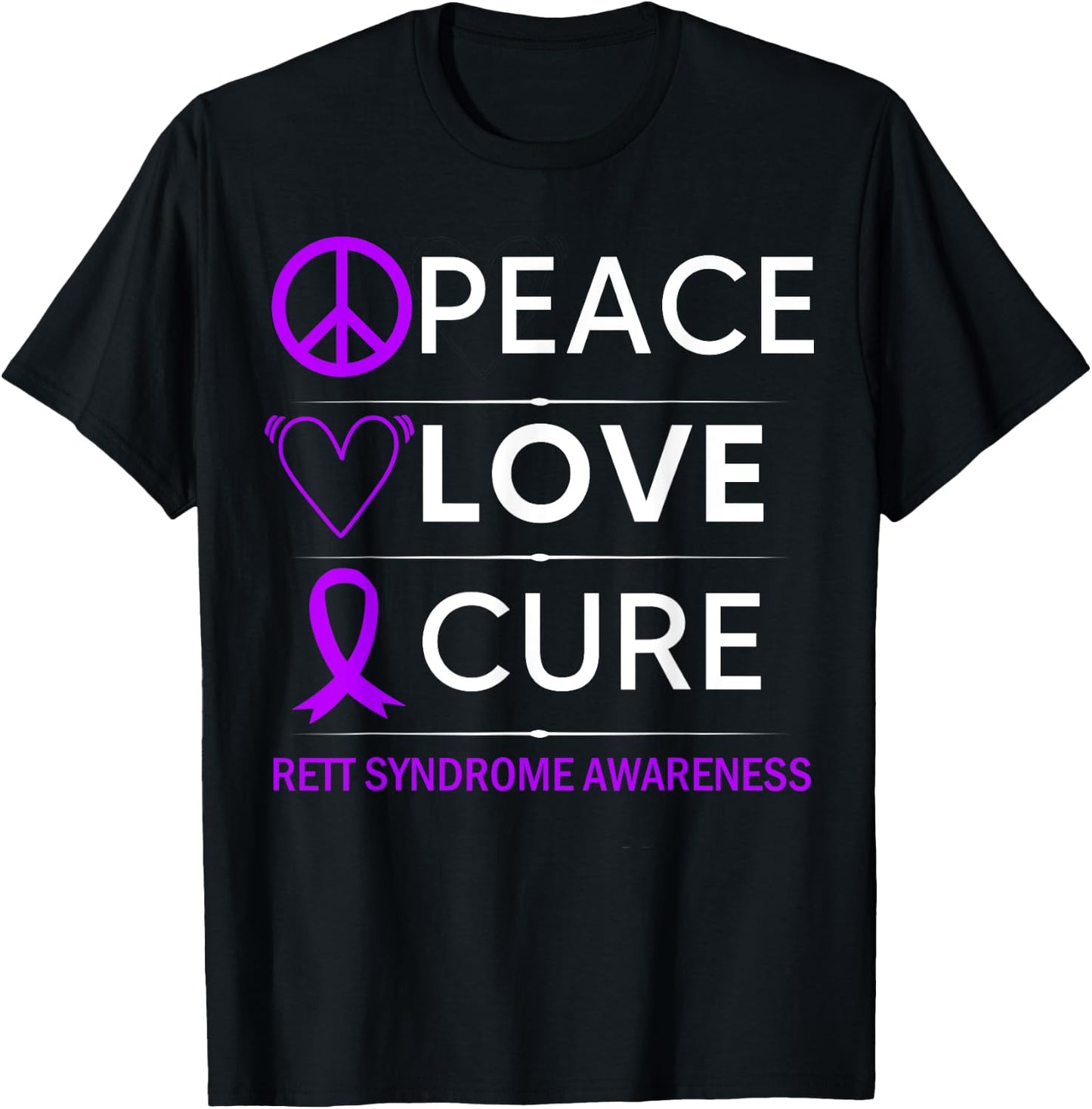 Rett Syndrome Awareness Peace Love Cure Purple Ribbon T-Shirt - T-Shirt | Black