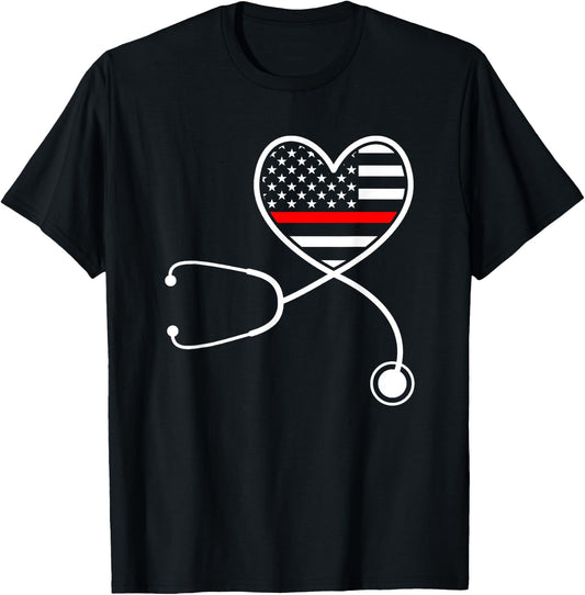 Firefighter Wife Nurse Life Stethoscope Red Line Heart T-Shirt - T-Shirt | Black