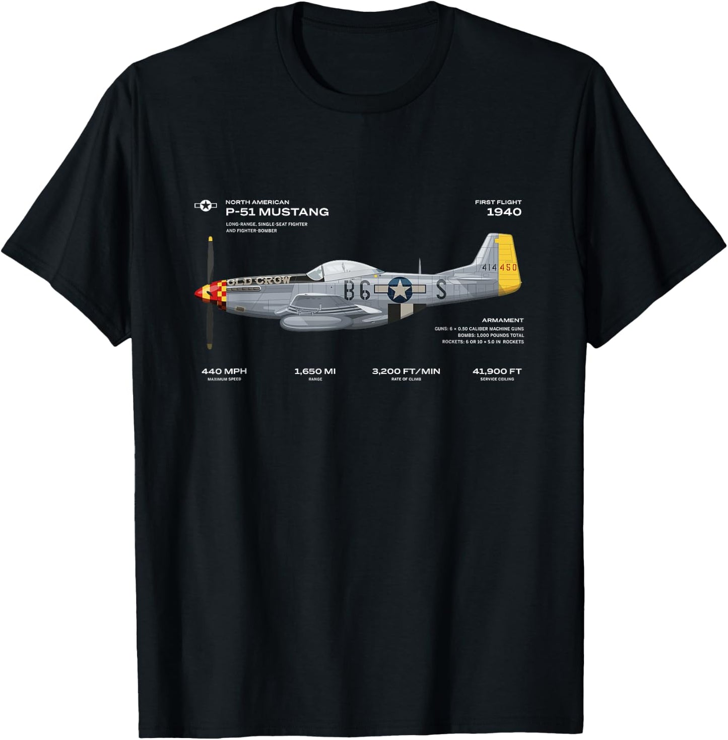 P-51 Mustang WWII Aeroplane Historical Warbird Fighter T-Shirt - T-Shirt | Black