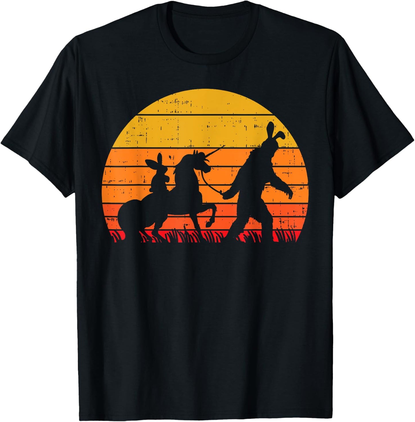 Bigfoot Unicorn Easter Bunny Retro Sunset Funny Beileve Gift T-Shirt - T-Shirt | Black