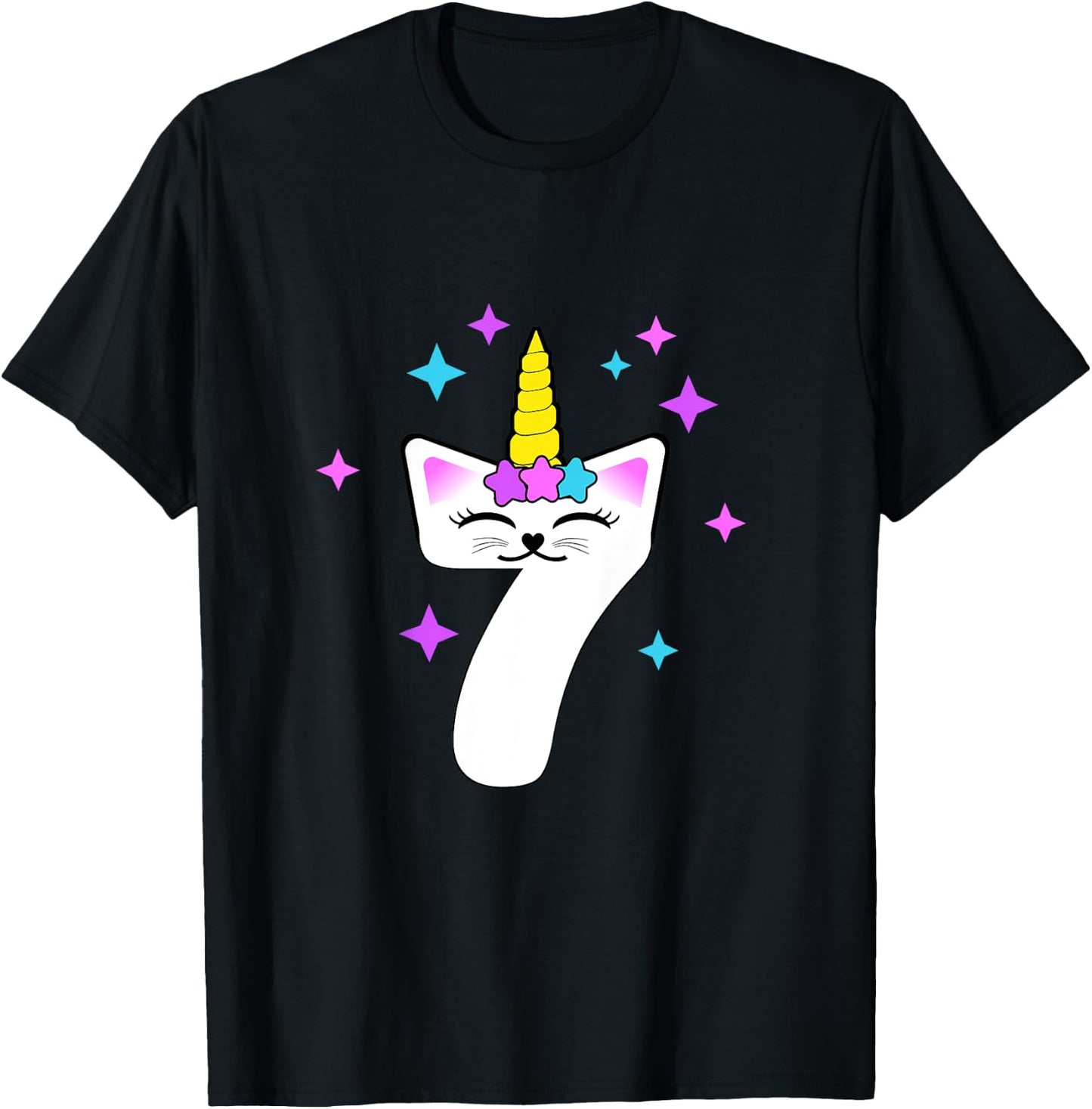 7 Year Old Cat Unicorn Caticorn 7th Birthday Party Girls T-Shirt - T-Shirt | Black