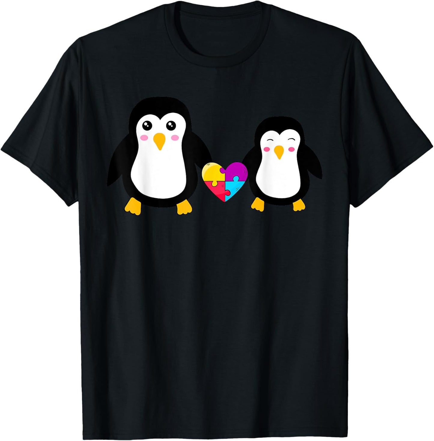 Autism Awareness Cute Penguin Heart Puzzles T-Shirt - T-Shirt | Black