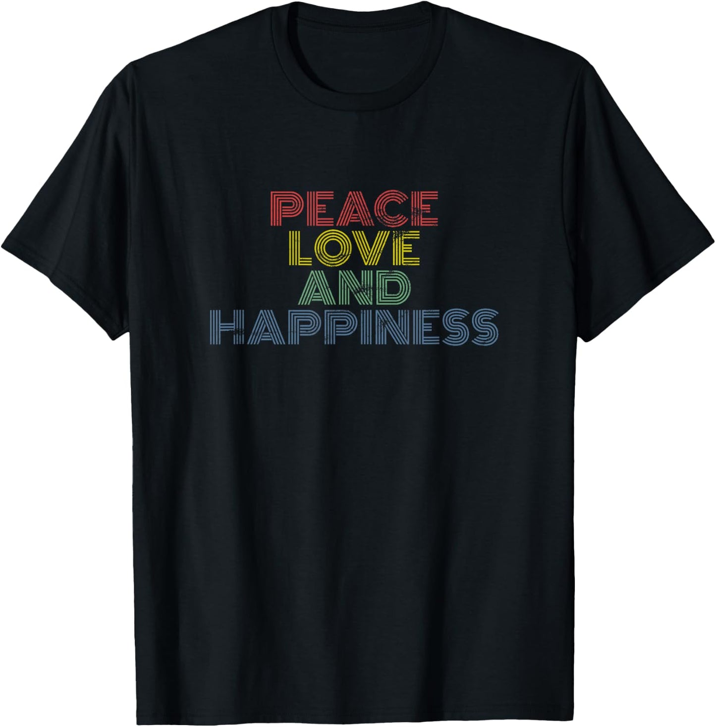 Peace Love Happiness Retro Rainbow Positivity Vibes T-Shirt - T-Shirt | Black