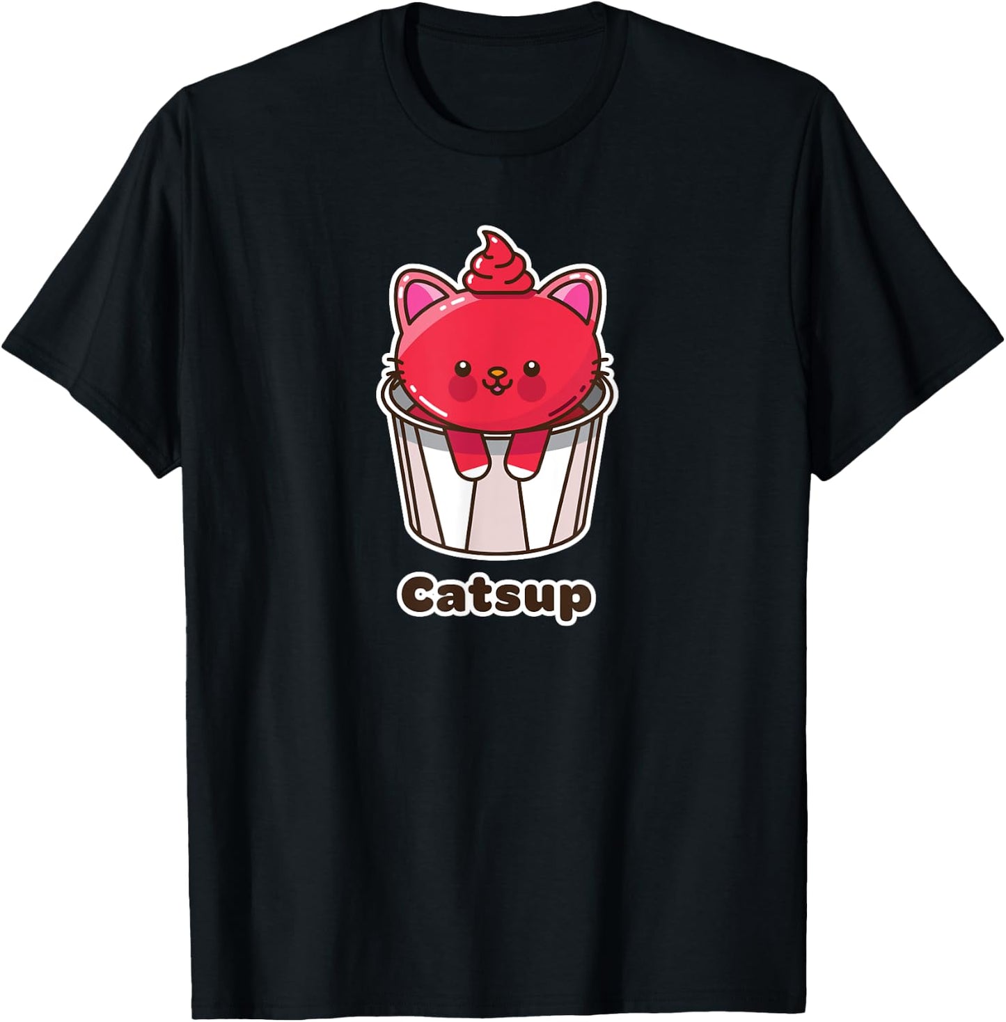Kawaii Cat Catsup Ketchup Cute Fun Japanese Food Pun Gift Women Kids T-Shirt - T-Shirt | Black
