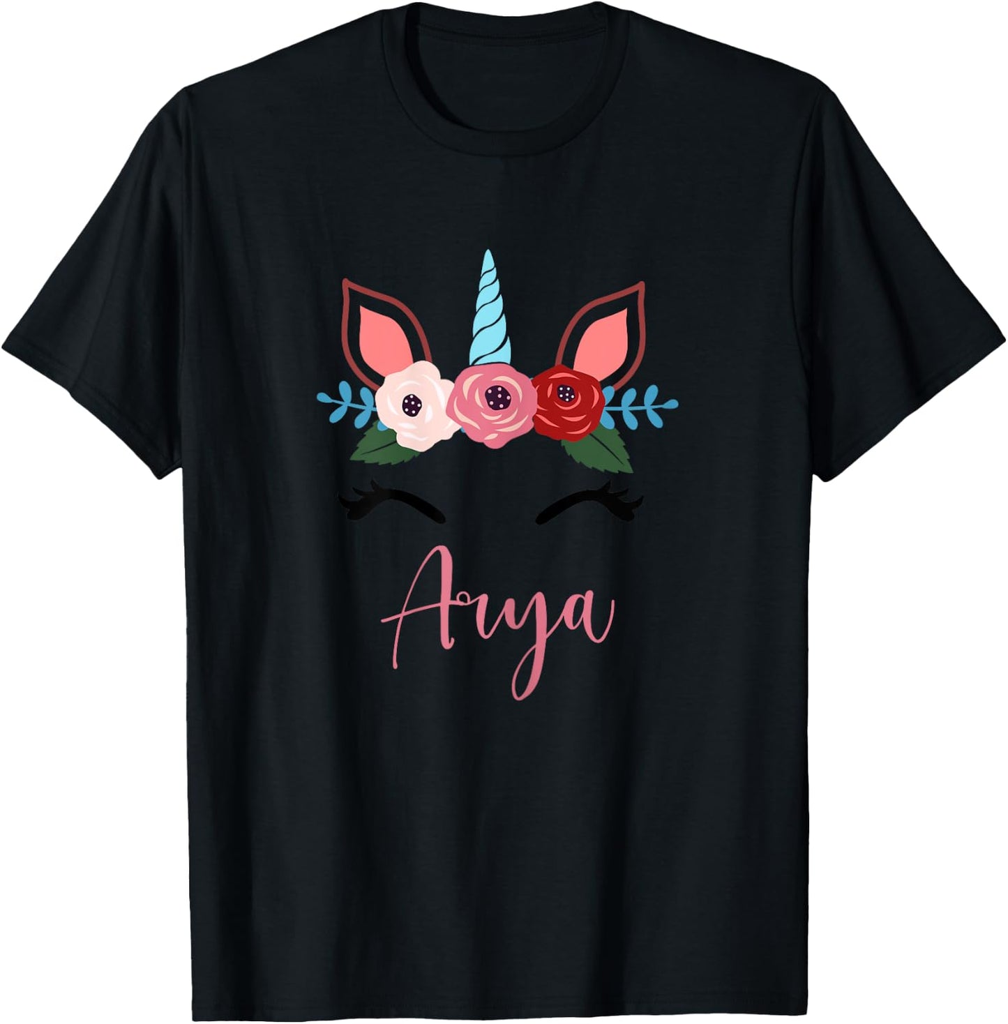 Cute Arya Magical Floral Unicorn For Girls T-Shirt - T-Shirt | Black