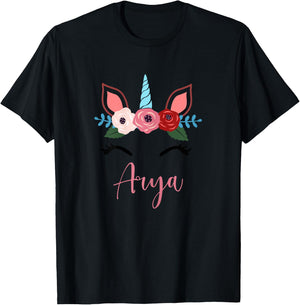 Cute Arya Magical Floral Unicorn For Girls T-Shirt - T-Shirt | Black