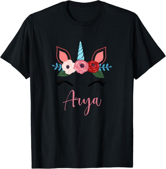 Cute Arya Magical Floral Unicorn For Girls T-Shirt - T-Shirt | Black