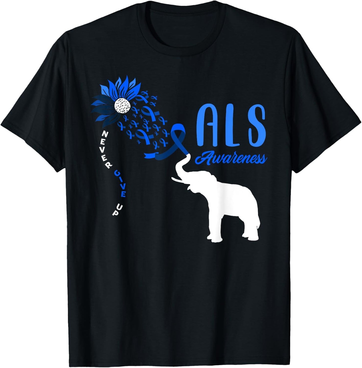 Blue Ribbon Elephant ALS Warrior Support ALS Awareness T-Shirt - T-Shirt | Black