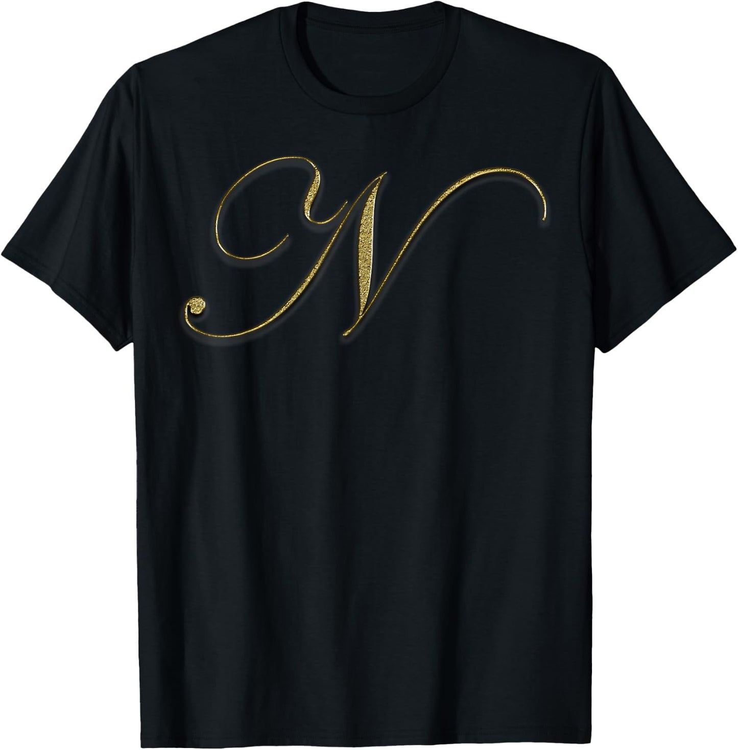 Monogram Initial Letter N Gold T-Shirt - T-Shirt | Black