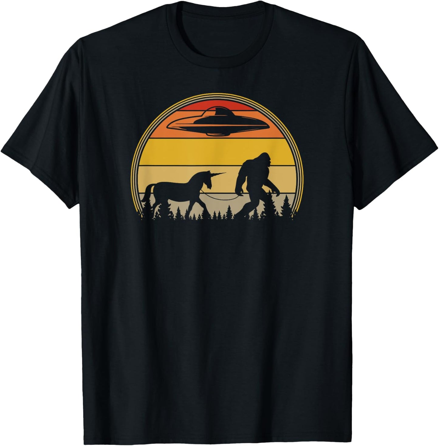 Retro Sunset Unicorns, Aliens, UFOs, Bigfoot T-Shirt - T-Shirt | Black