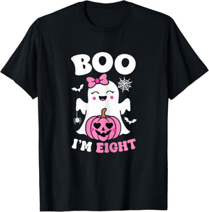 Ghost Boo I'm Eight Year 8th Birthday Girls Halloween Groovy T-Shirt - T-Shirt | Black