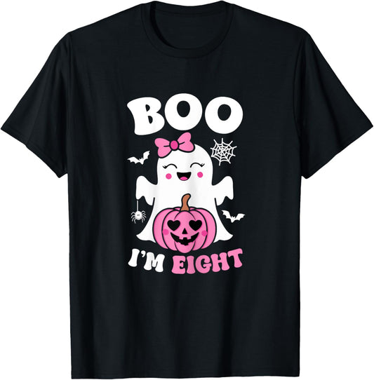 Ghost Boo I'm Eight Year 8th Birthday Girls Halloween Groovy T-Shirt - T-Shirt | Black