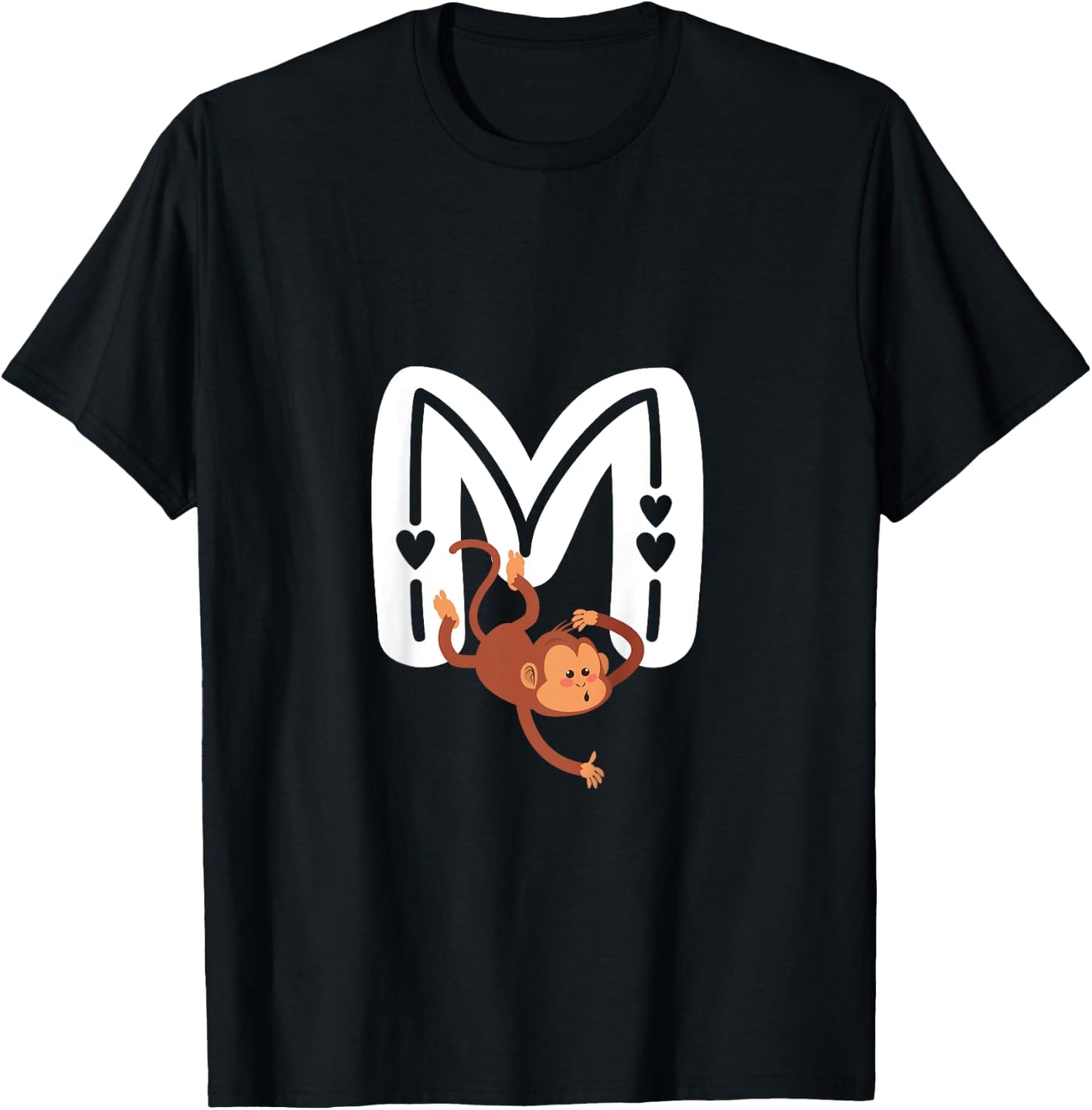 Cute Monkey Letter M Initial Alphabet Monogram Boys Girls T-Shirt - T-Shirt | Black