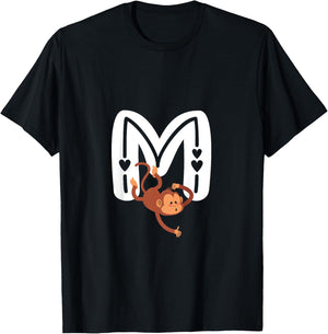 Cute Monkey Letter M Initial Alphabet Monogram Boys Girls T-Shirt - T-Shirt | Black