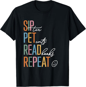Sip Tea Pet Cats Read Books Repeat Retro T-Shirt - T-Shirt | Black