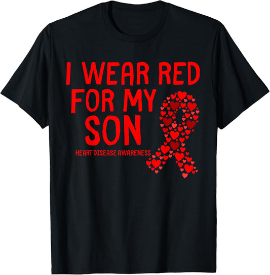 I Wear Red for My Son CHD Congenital Heart Disease Ribbon T-Shirt - T-Shirt | Black