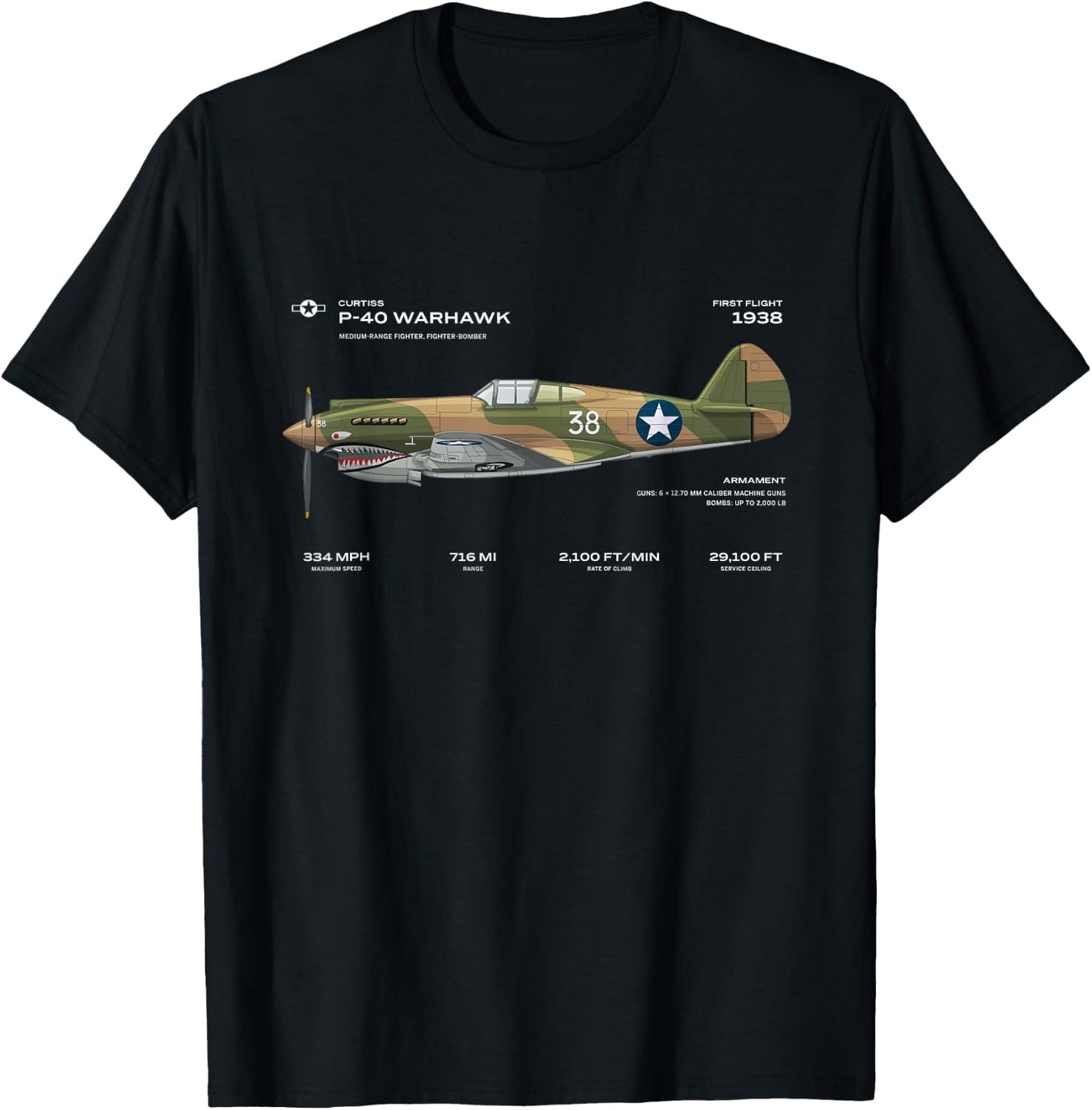 P-40 Warhawk US WWII Airplane Historic War Bird Fighter bomb T-Shirt - T-Shirt | Black