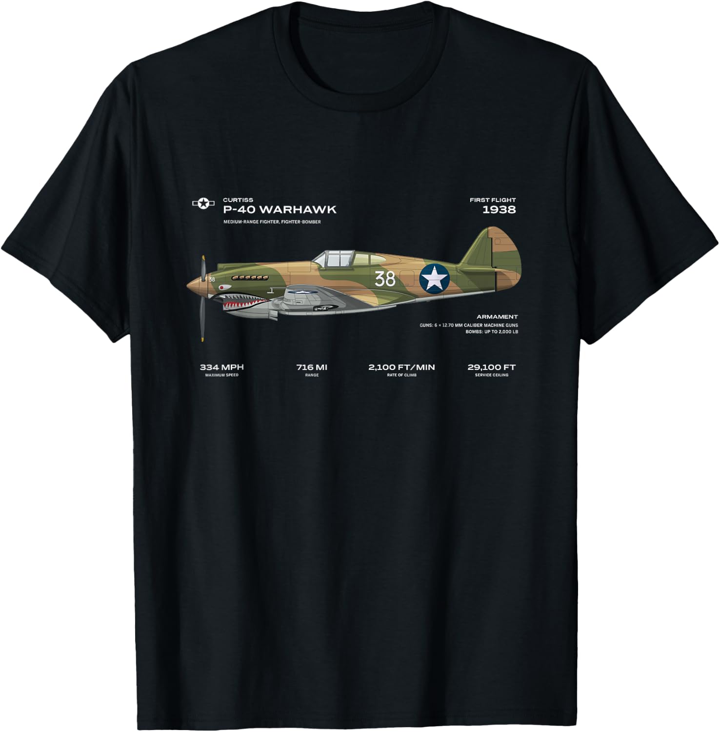 P-40 Warhawk US WWII Airplane Historic War Bird Fighter bomb T-Shirt - T-Shirt | Black