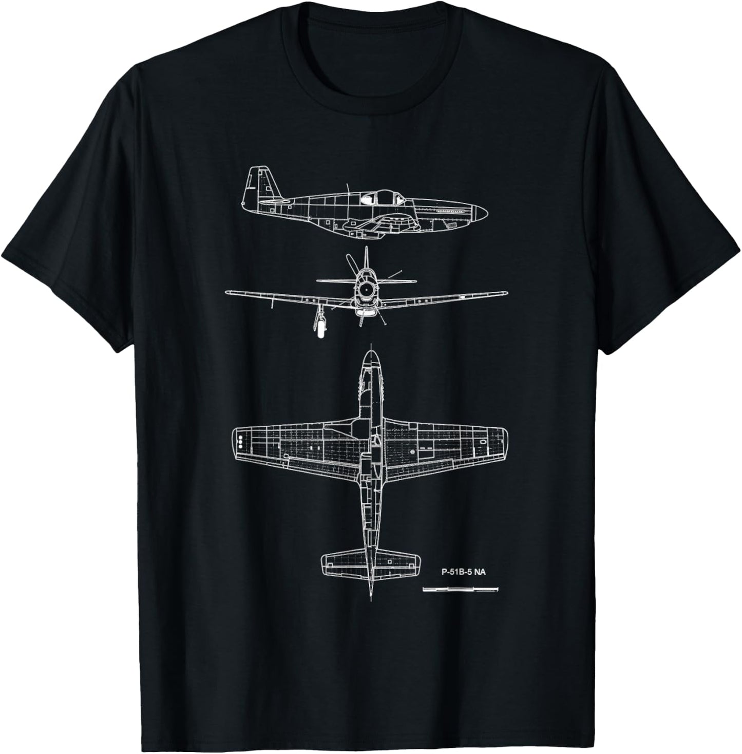 North American P-51 Mustang WW2 Fighter Blueprint T-Shirt - T-Shirt | Black