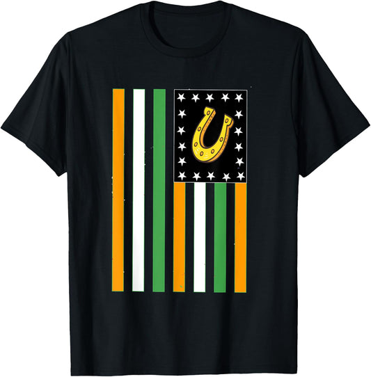 St patrick day Lucky Horseshoe Irish American Flag T-Shirt - T-Shirt | Black