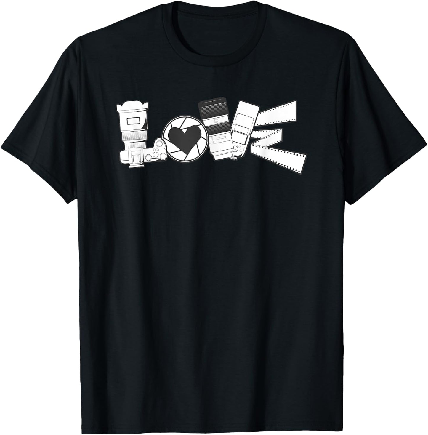 Love Photography Spelled With Mirrorless Dslr Camera Flash T-Shirt - T-Shirt | Black