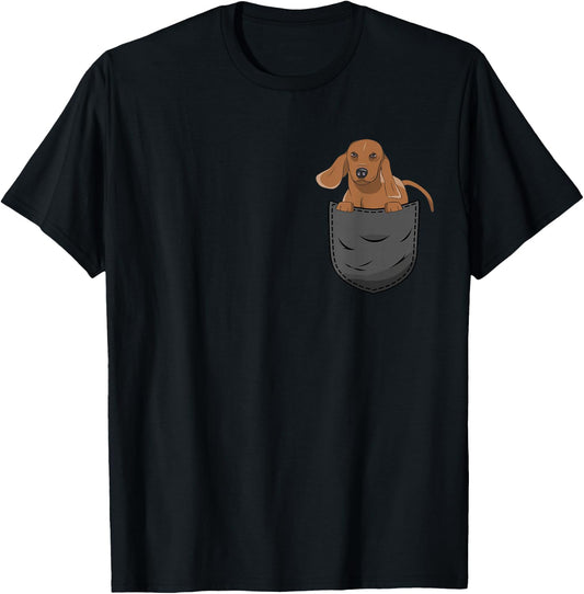 Dachshund Pocket Clothing Dachshund Pocket - Adults - Black - Short Sleeve - Cartoon Dachshund - - Classic Fit - All Seasons - Imported - Cotton Blend - Machine Wash - Small T-Shirt - T-Shirt | Black