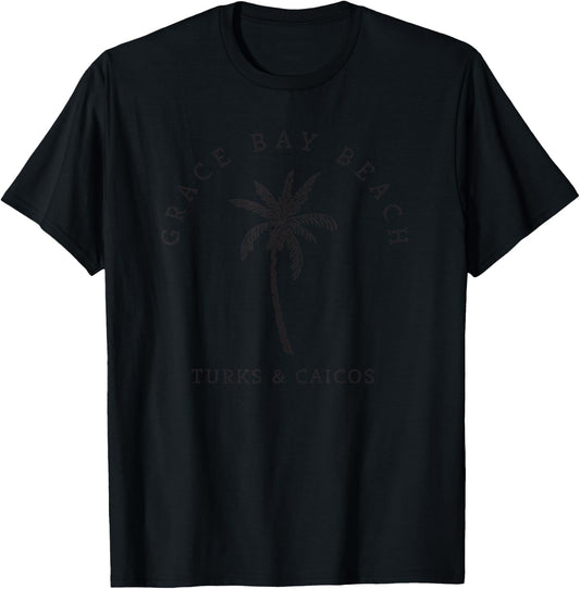 Retro Cool Grace Bay Turks & Caicos Palm Tree Novelty Art T-Shirt - T-Shirt | Black