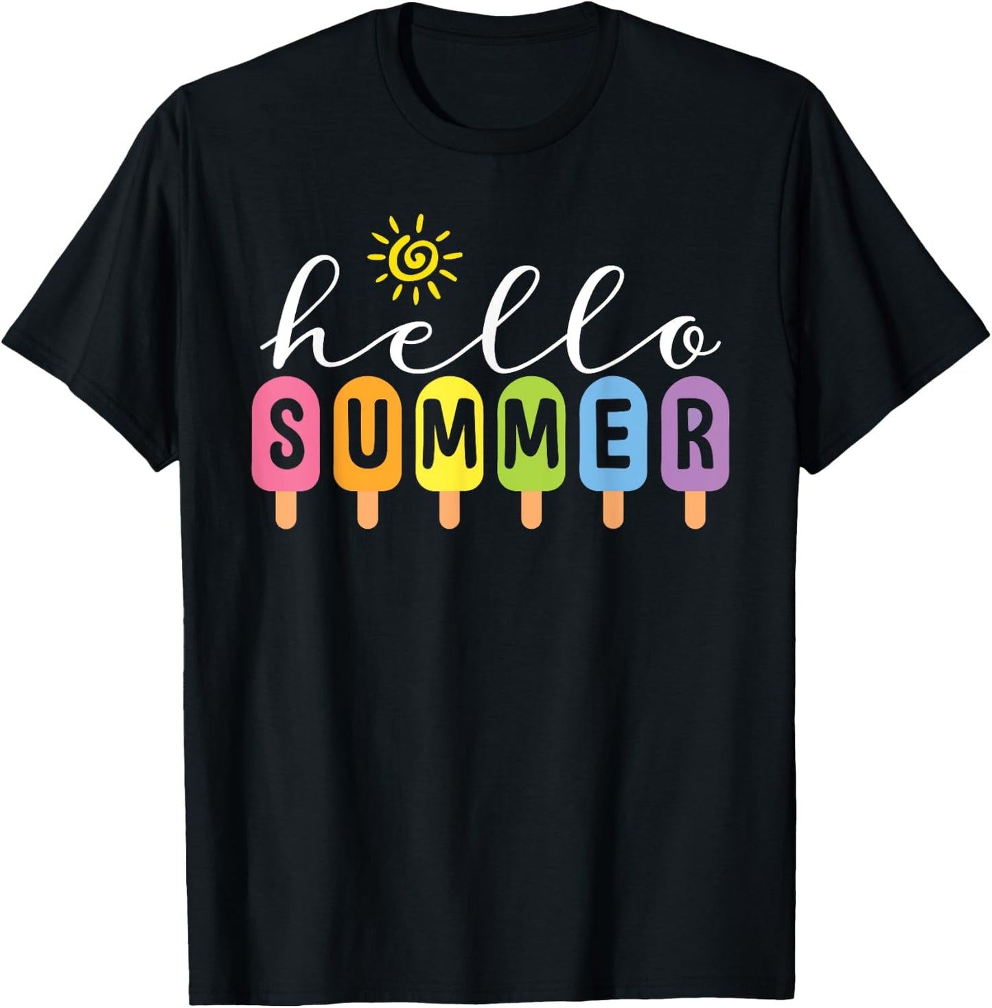 Hello Summer Cool Colorful Popsicle Graphic Summer Vacation T-Shirt - T-Shirt | Black
