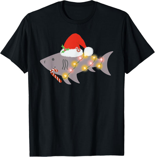 Shark Santa Hat Candy Cane Peppermint Candies Christmas T-Shirt - T-Shirt | Black