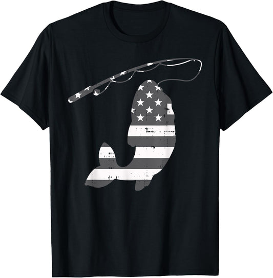 American Flag Fish Silhouette Vintage Fishing Patriotic Gift Women Kids Men T-Shirt - T-Shirt | Black
