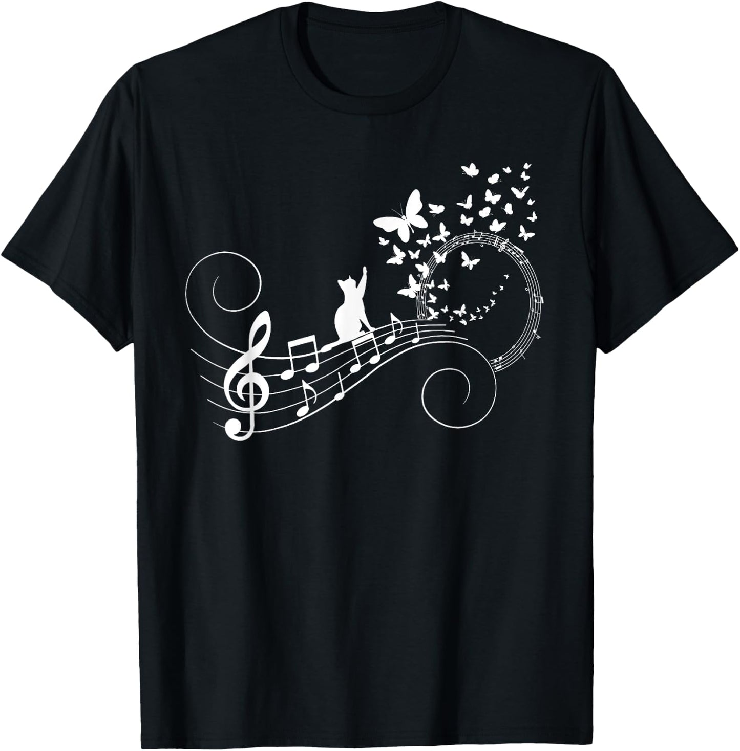 Funny Treble Clef Instrument Music Notes Butterflies Kitty T-Shirt - T-Shirt | Black