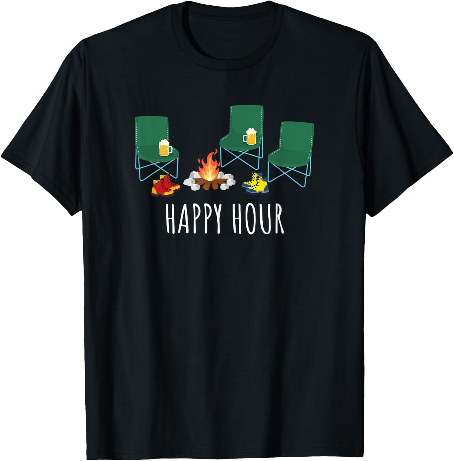 Camping Happy Hour Campfire Beer Drinking Camp Chairs T-Shirt - T-Shirt | Black