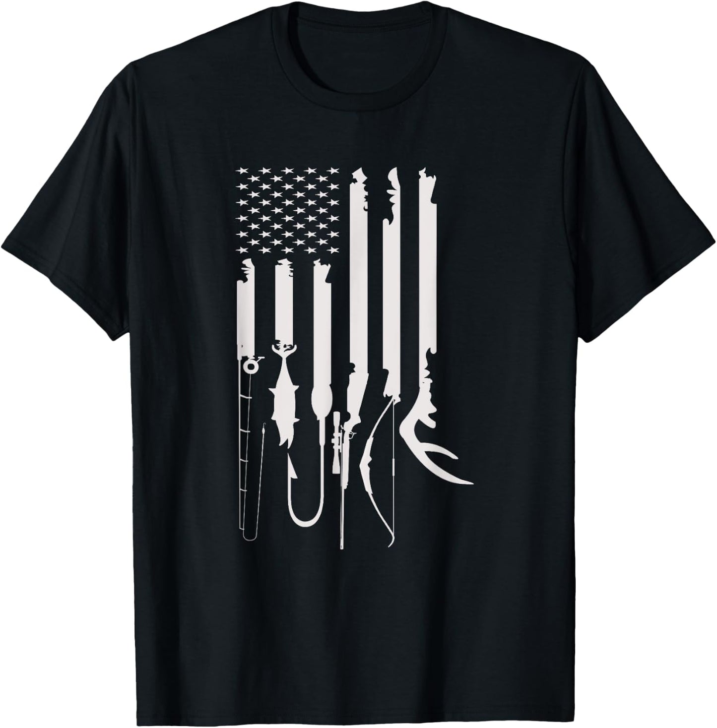 Hunting Fishing USA Flag American Themed Decor T-Shirt - T-Shirt | Black