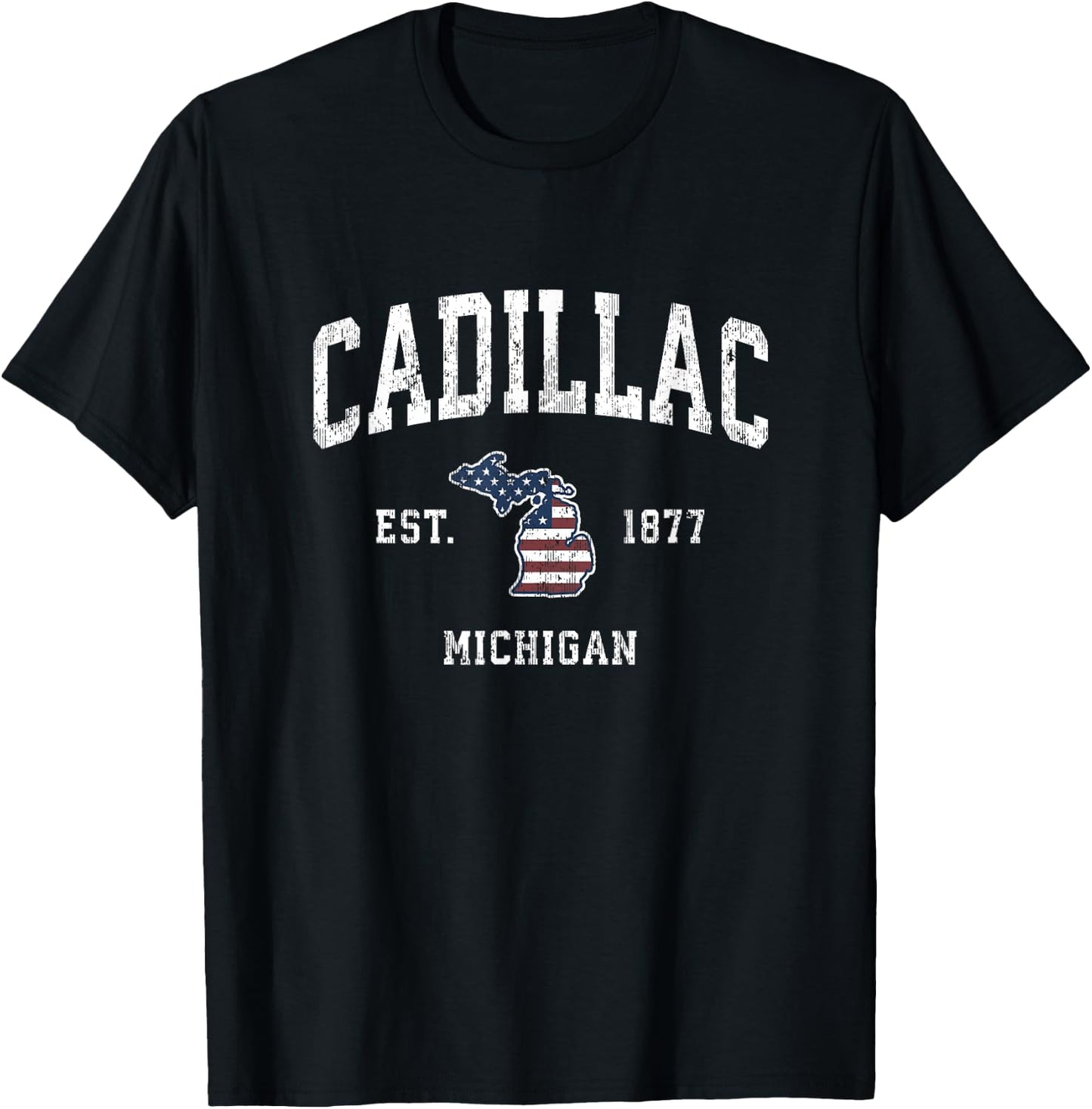 Cadillac Michigan MI Vintage American Flag Sports Design T-Shirt - T-Shirt | Black