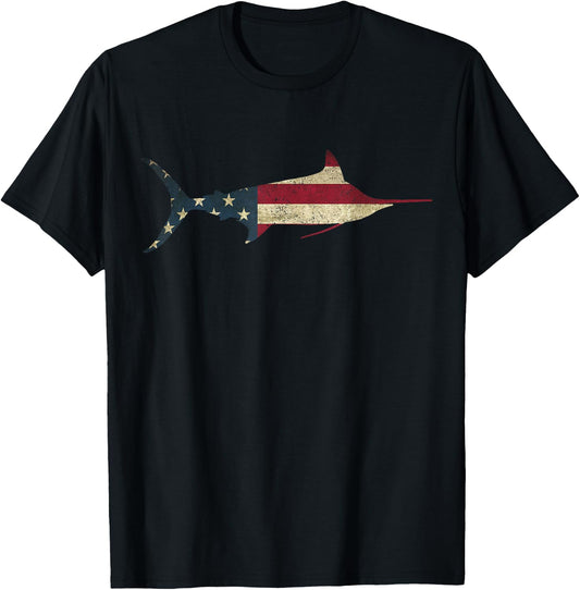 Marlin Fishing American Flag Vintage Patriotic Fisherman T-Shirt - T-Shirt | Black