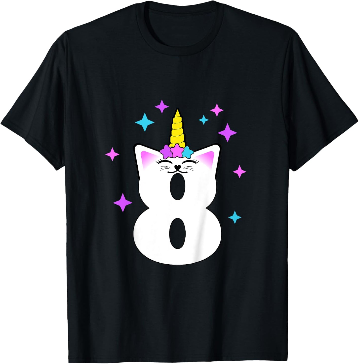 8 Year Old Cat Unicorn Caticorn 8th Birthday Party Girls T-Shirt - T-Shirt | Black