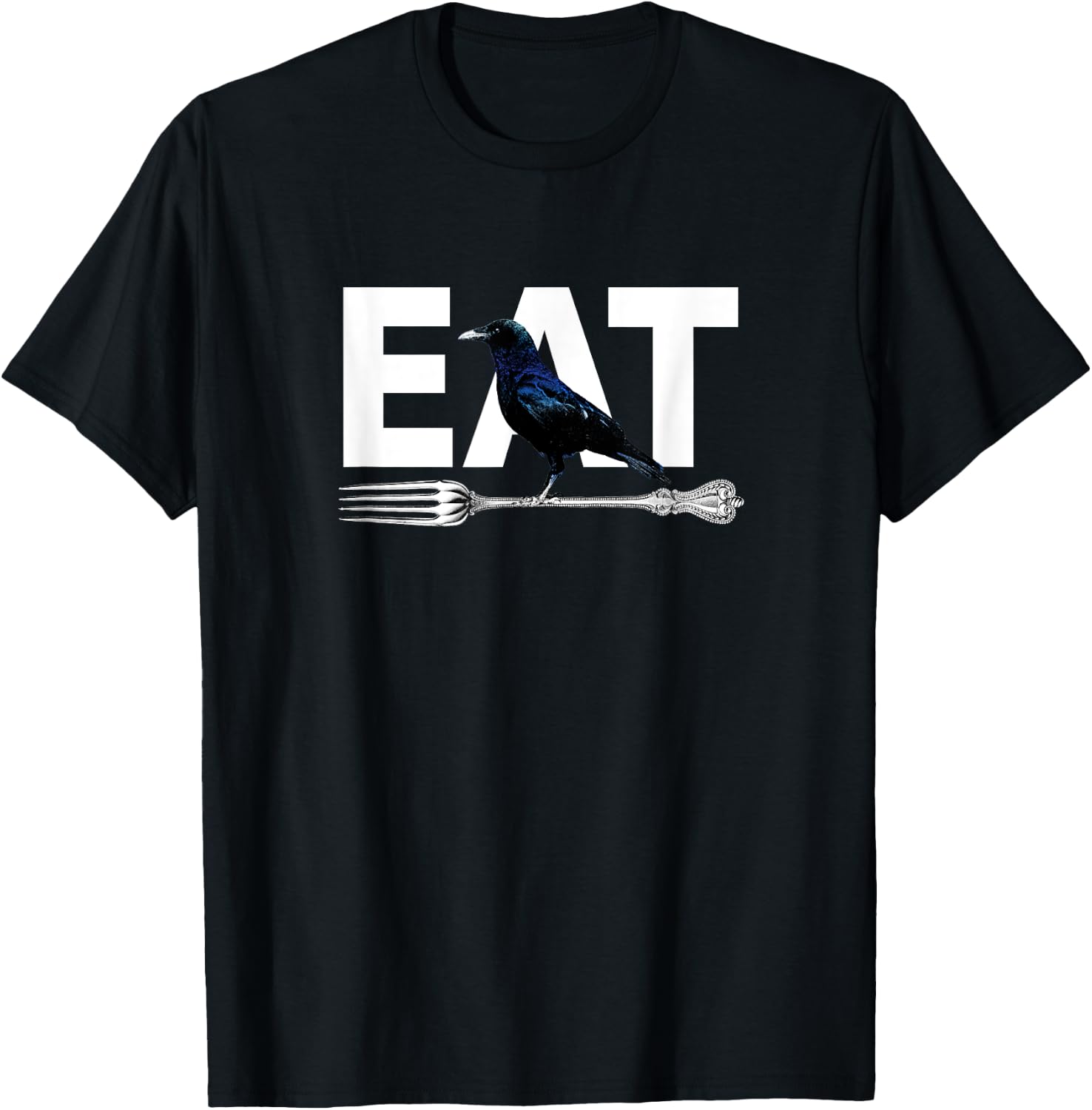 Eat Crow Humor | Black & Blue Crow & Silver Fork Funny Sorry T-Shirt - T-Shirt | Black