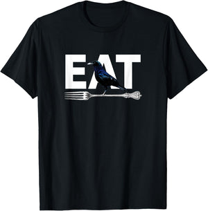 Eat Crow Humor | Black & Blue Crow & Silver Fork Funny Sorry T-Shirt - T-Shirt | Black