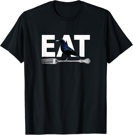 Eat Crow Humor | Black & Blue Crow & Silver Fork Funny Sorry T-Shirt - T-Shirt | Black