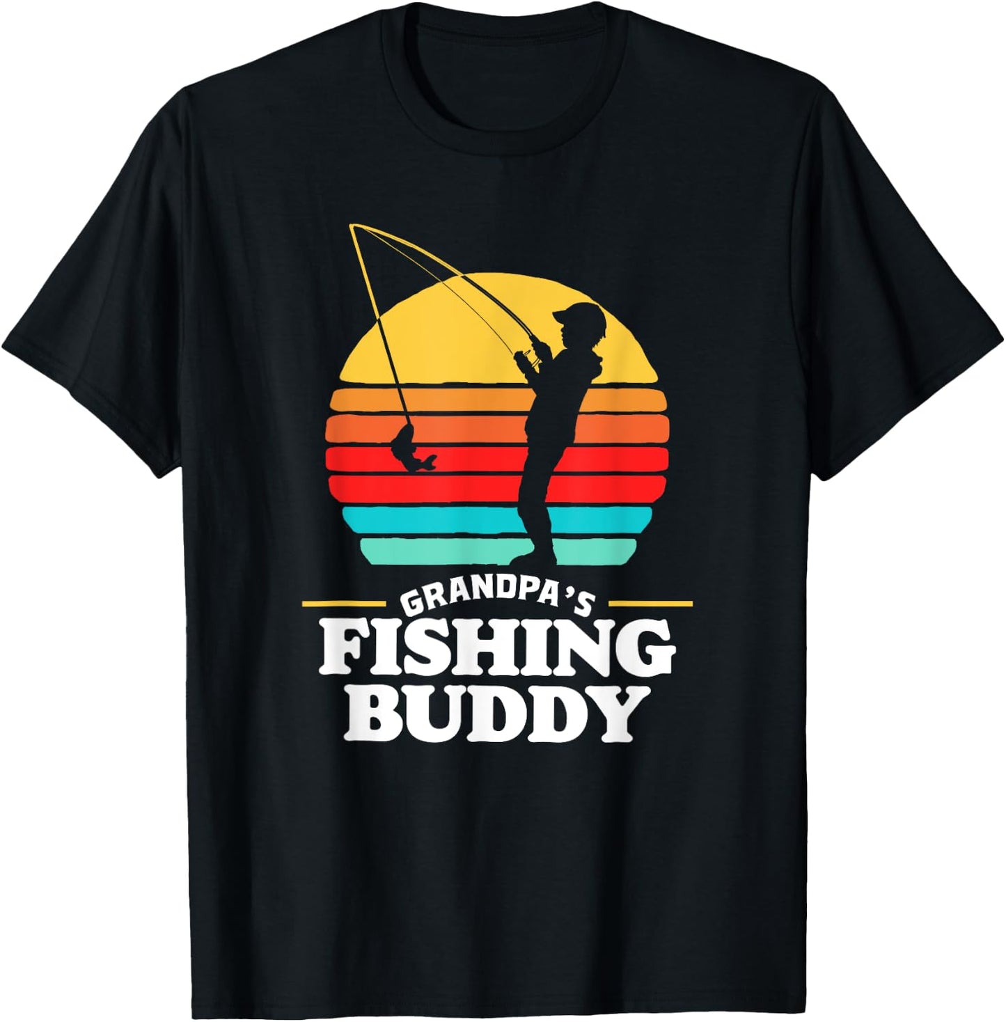 Grandpa's Fishing Buddy Cute Retro Kid 80s Sunset T-Shirt - T-Shirt | Black