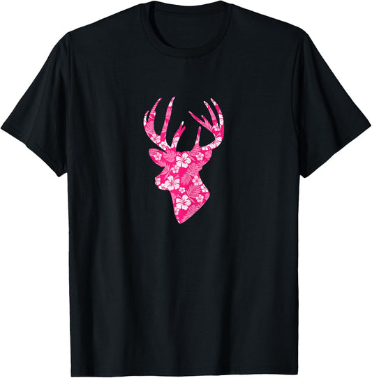 Deer Head Pink Hibiscus Flower Floral Hunting Hunter T-Shirt - T-Shirt | Black