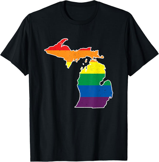 Gay Pride Flag - Michigan State Map - Rainbow Stripes T-Shirt - T-Shirt | Black