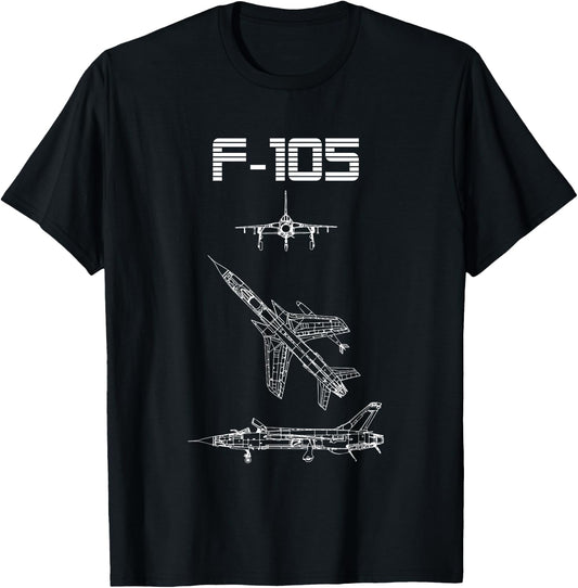 F-105 Fighter Plane Warbird Blueprint Schematics Diagram T-Shirt - T-Shirt | Black