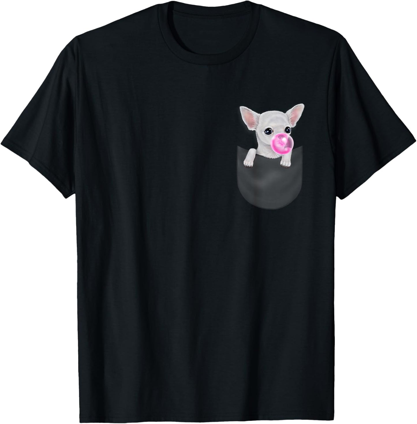 White Chihuahua Dog in Pocket with Bubble Gum T-Shirt - T-Shirt | Black