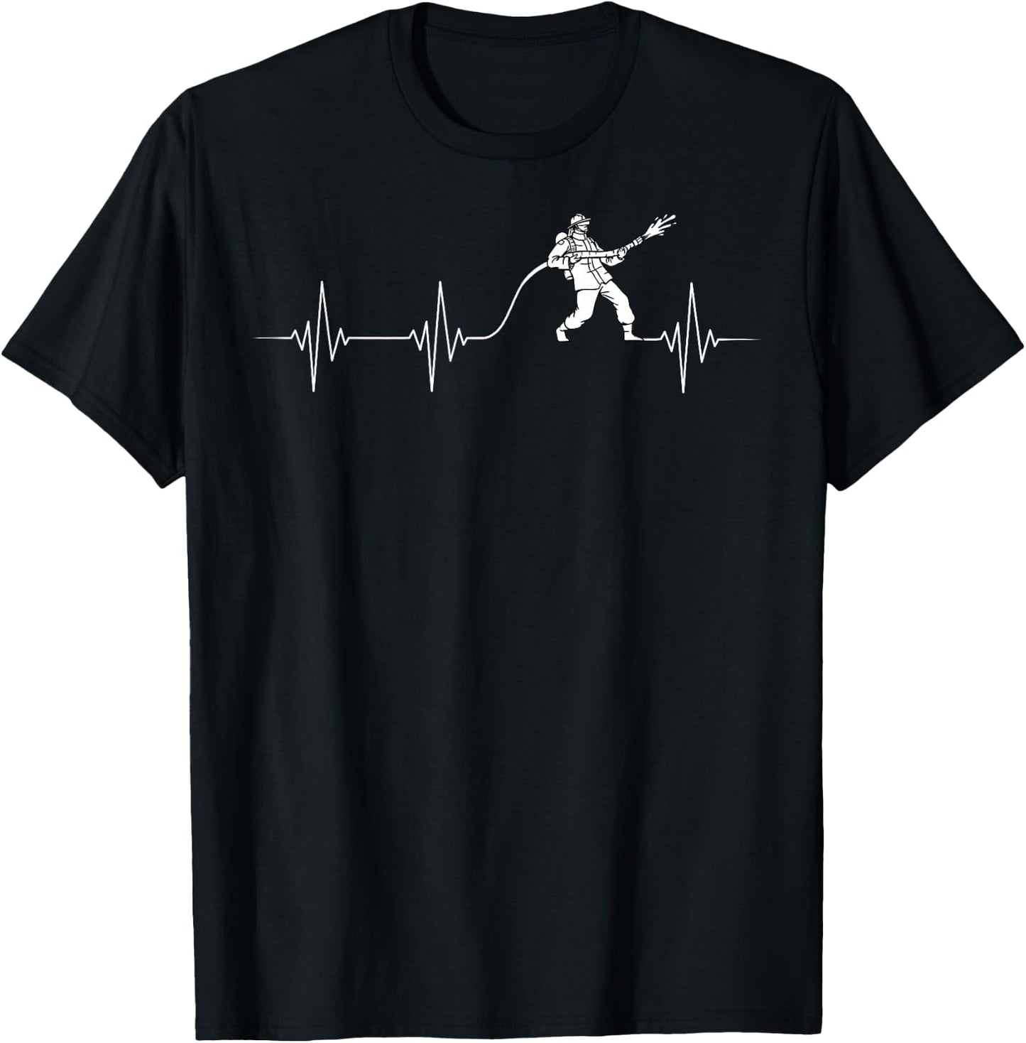 Cool Firefighter Fireman Apparel -Adults Black Firefighter Heartbeat Fireman Firefighting Rescuer Volunteer T-Shirt - T-Shirt | Black