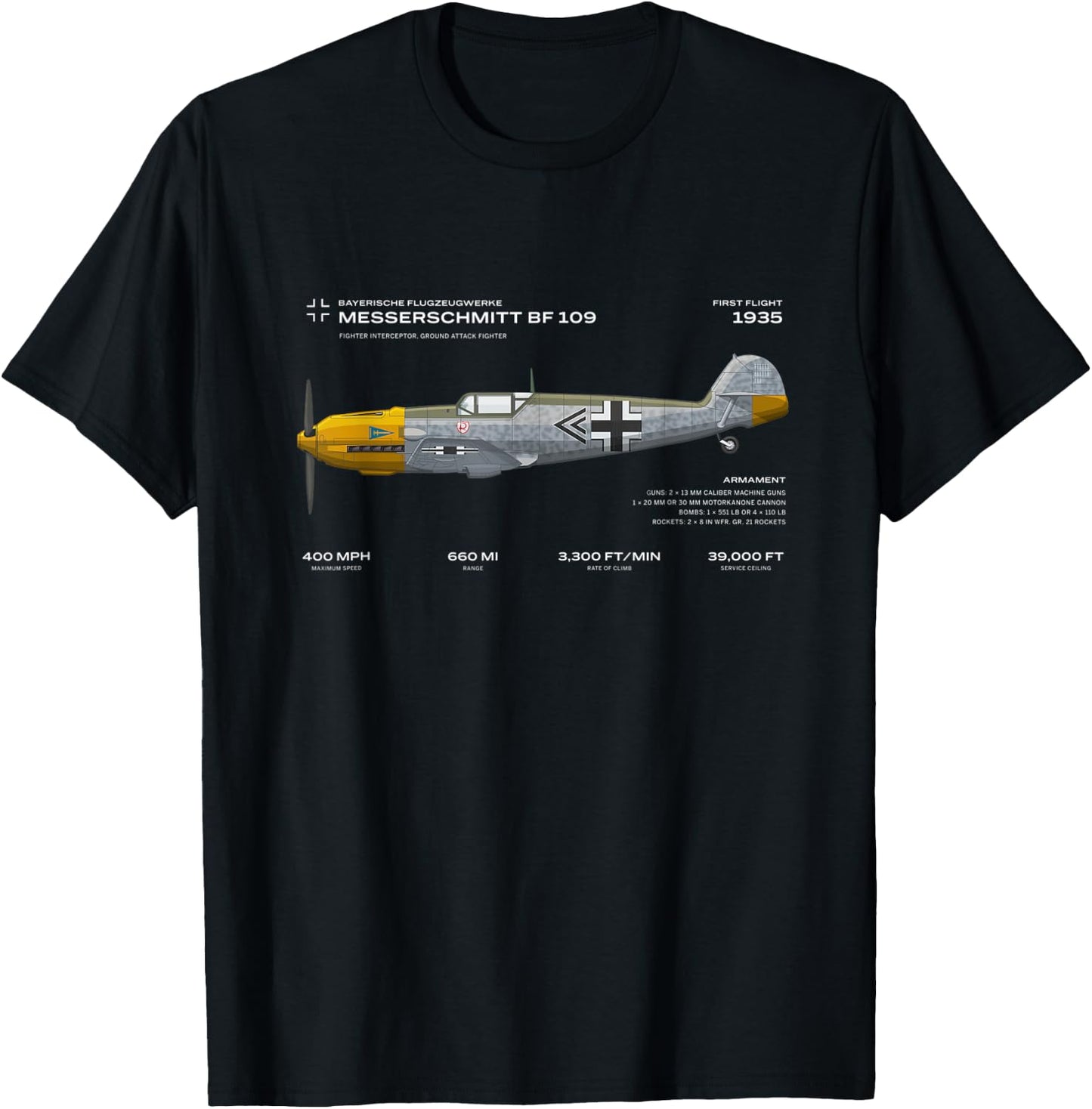 Vae Victis Messerschmitt Bf 109 WWII Airplane Historic War Bird Fighter T-Shirt - T-Shirt | Black